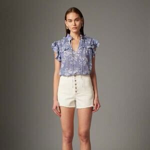 Gilner Farrar | Womens Sienna Top Blouse Blue Meadow Smocked Tie Neck Ruffles XS